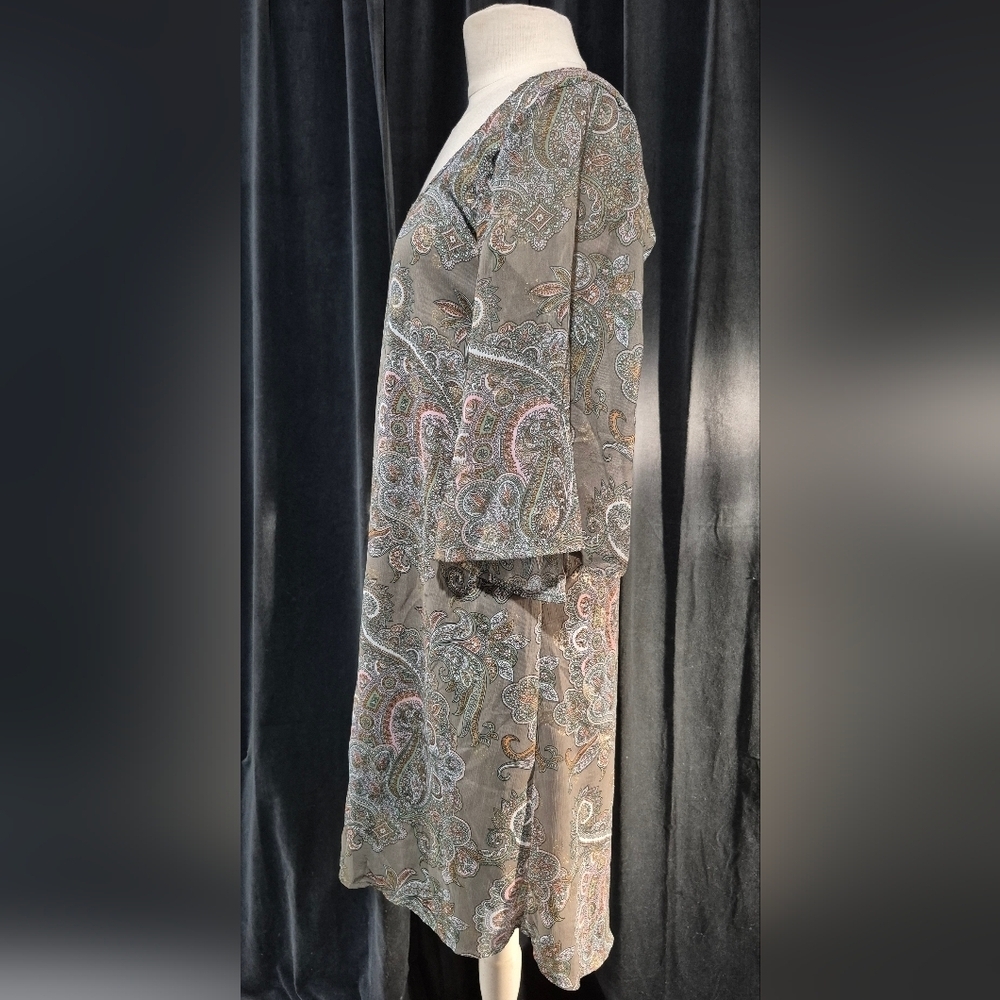 Boho Chiffon Women Sz M Metallic Gold Taupe Paisley - Picture 2 of 5